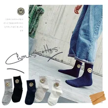 Золотая шелковая с мультипликационным принтом в виде улыбок леди носки без пятки женская обувь на осень и зиму, милый свободного покроя с ветронепроницаемым начесом Носки