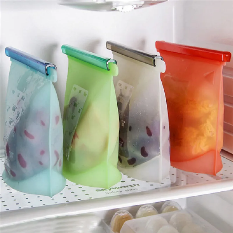 

4Pcs Reusable Silicone Vacuum Seal Food Fresh Bag Fruit Meat Milk Storage Containers Refrigerator Bag Ziplock Kitchen Organizer