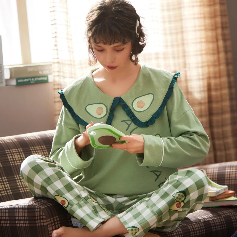 Милый Ночной костюм Kawaii Пижама Пижамный костюм с длинным рукавом с принтом осень зима отложной воротник домашняя одежда для женщин - Цвет: Green
