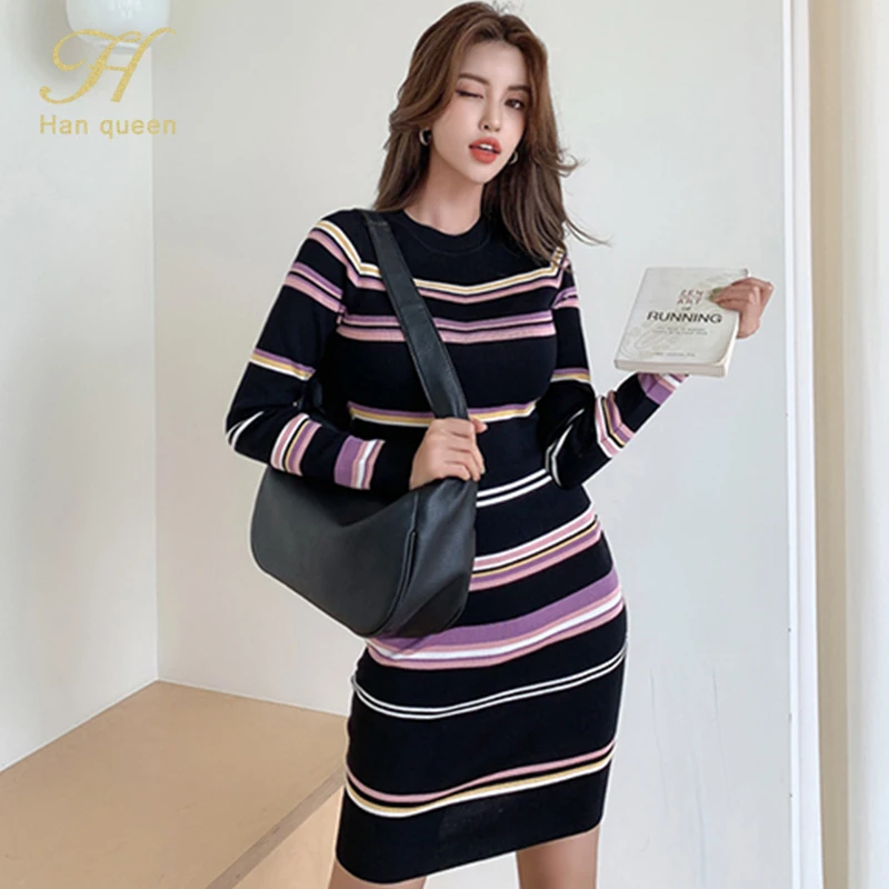 H Han Queen Korean Elegant Stripe Office Pencil Stretch Knitted Dress ...