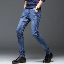 Мужские хлопковые джинсы, модные облегающие мужские ковбойские брюки, деловые мужские брюки, популярные, Лидер продаж, Размер 27-36, синие, эластичные