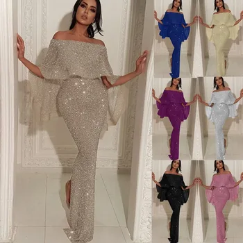 

Evening Gown for Women Big Ruffled Slim off-shoulder Blingbling Split Evening Dress Formal Elegant Dress Vestidos De Fiesta