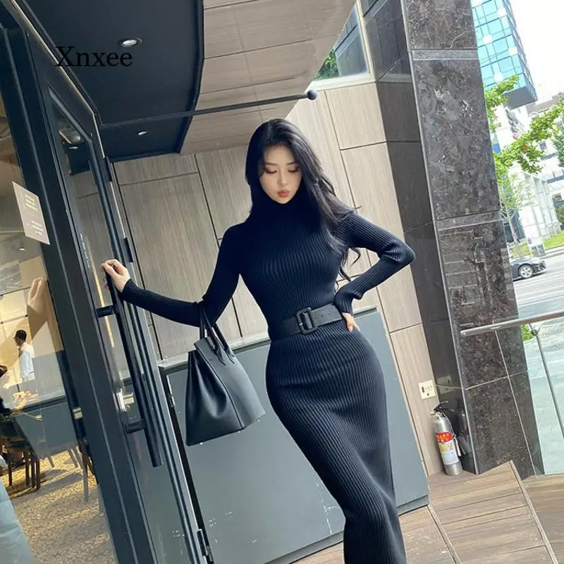 

Autumn and Winter Solid Color Sexy Women's Dress Turtleneck Casual Basic Black and White Tight-Fitting Slim Long Skirt