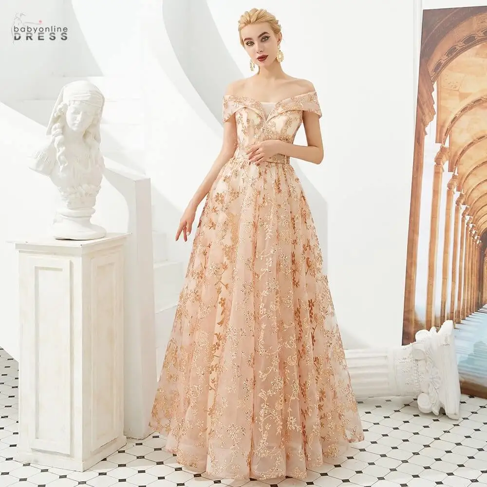 Женское длинное вечернее платье элегантное розовое золотистое с V-образным