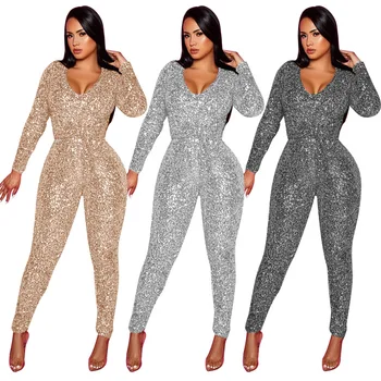 

Sexy Jumpsuit Women Elegance Sequin Summer Woman Fashion 2020 Sequins Cloth Pure Color Neck Jumpsuits Belt Polyester Solid