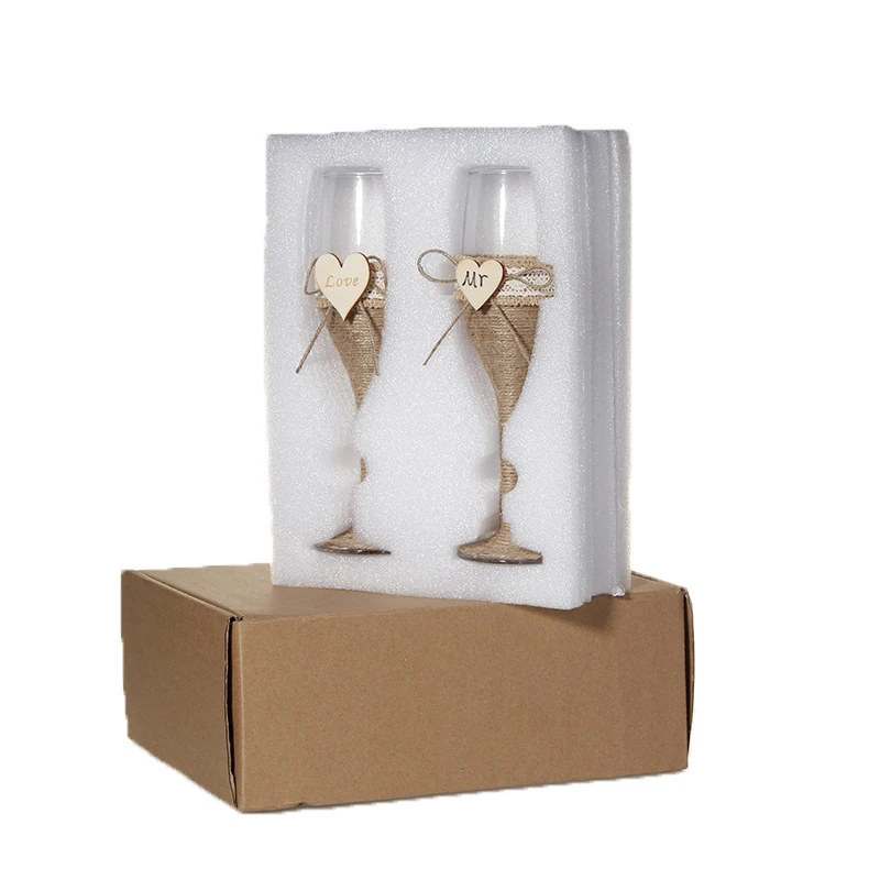 2Pcs Set Wedding Glass Personalized Wedding Glasses Wedding Champagne Toasting Flutes Burlap Lace Rustic Flutes