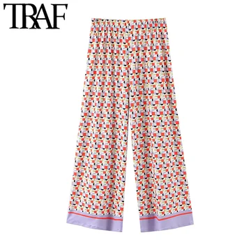 

TRAF Women Chic Fashion Geometric Print Straight Pants Vintage High Elastic Waist Female Ankle Trousers Pantalones