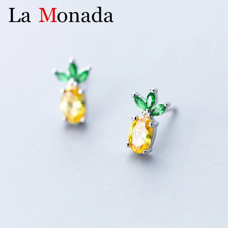 Очаровательные ювелирные изделия с фруктами для девочек, Настоящее серебро 925 пробы, желтые сережки в виде ананасов, гвоздики с синтетическим фианитом, подарок, вечерние, пляжные