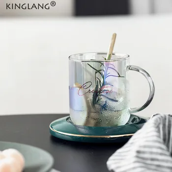 

KINGLANG Cup with Saucer and Spoon Drinking Set Nordic Glass Cups Coffee Mikl Water Cups Glass Set