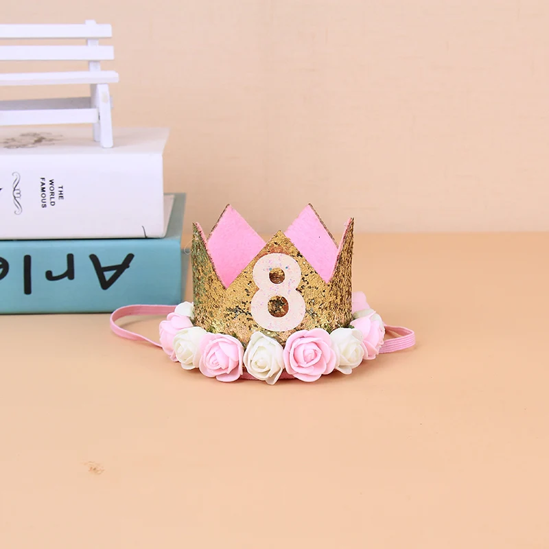 Baby Girl Boy One 1 2 3 4 5 6 7 8 9 years old hat crown headbands decoration For children birthday party decorations - Цвет: Pink 8