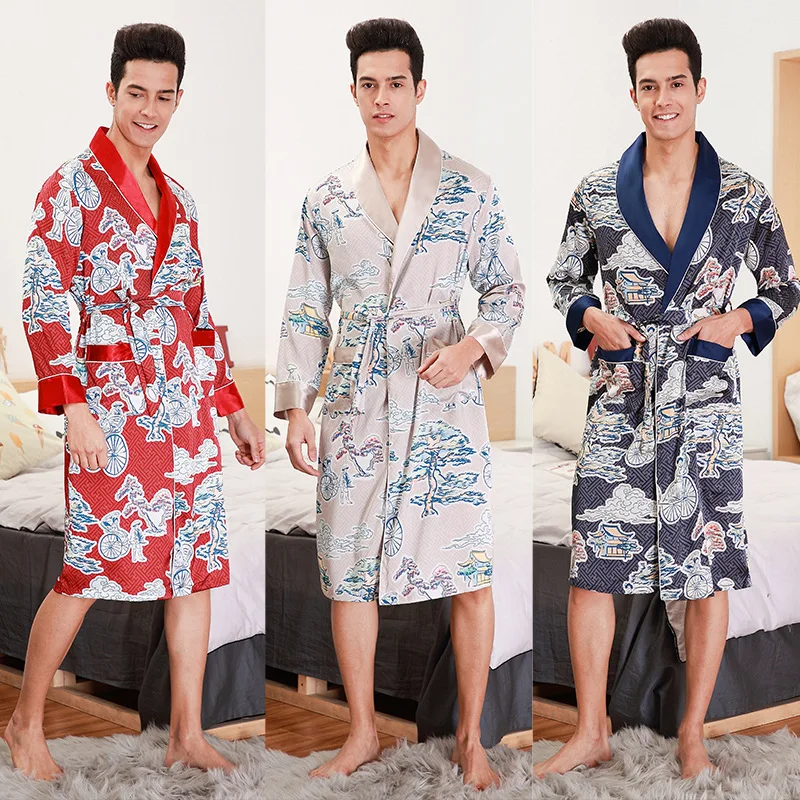 

Yao ting Spring And Autumn New Style Long Sleeve Women's Robes MEN'S Bathrobe Silk Men Long Pajamas Nightgown Tracksuit Wp1031
