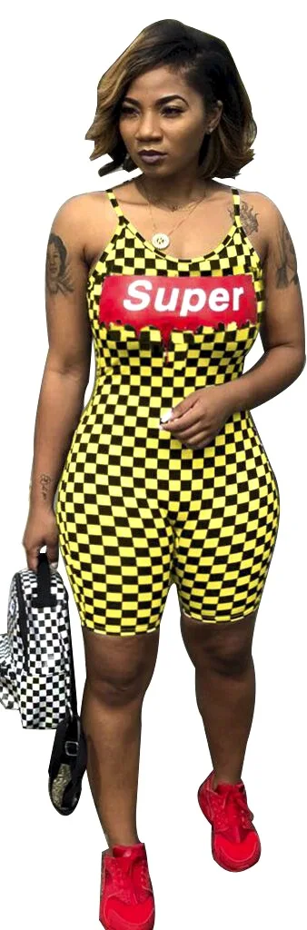 Повседневный комбинезон на бретельках с надписью, летний облегающий клетчатый комбинезон без рукавов, 2 цвета, уличная одежда, короткий комбинезон для женщин, LM8063