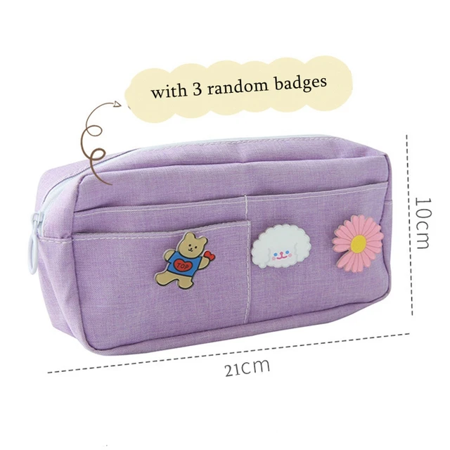 Kawaii Purple Canvas Pencil Case Cute Animal Badge Pink Pencilcases Large School Pencil Bags for Maiden Girl Stationery Supplies Violet-Purple
