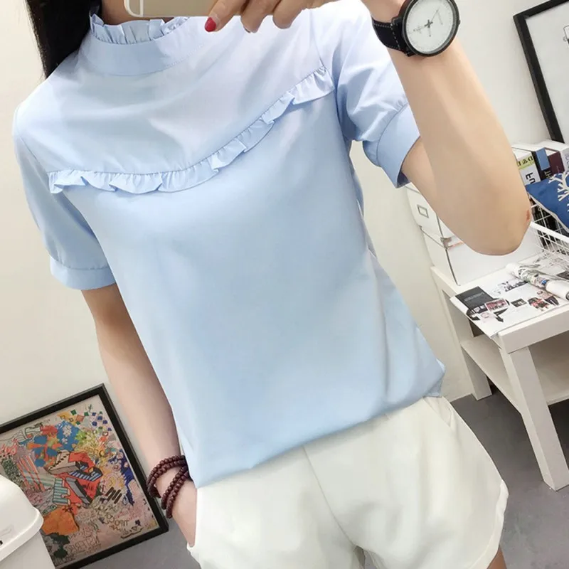 Женская блузка, белая рубашка, топ, Femme, повседневная, стоячая, OL, для работы, одноцветная, блузки, 2 стиля - Цвет: blue short sleeve