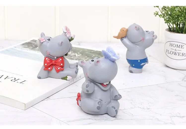 Roogo Hippopotamus Shaped Ornaments For Home Decor Cute Decoration Accessories For Car Resin Mini Figurines Kid Birthday Gift