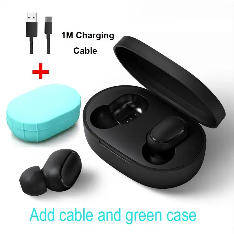 Cable and green case Xiaomi Redmi Airdots TWS Bluetooth наушники стерео басы BT 5,0 Eeadphones с микрофоном Handsfree Наушники управление AI - Цвет: Cable and green case