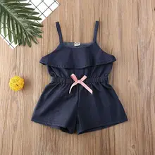 Детские комбинезоны; комбинезон с оборками для маленьких девочек; комбинезон; короткие джинсовые штаны; джинсовые однотонные летние штаны без рукавов с бантом;