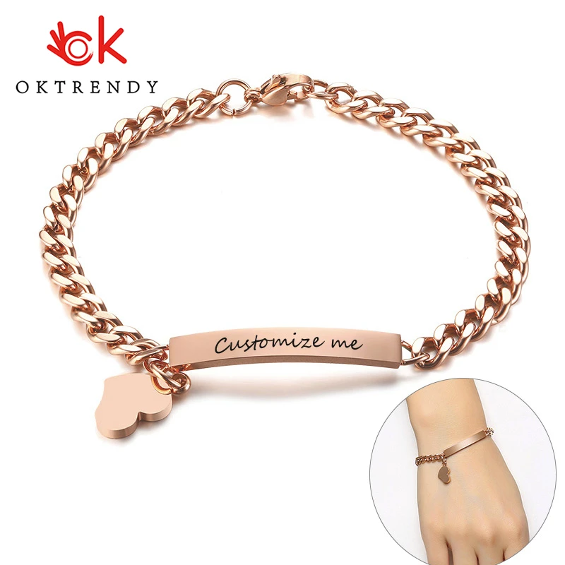 Pulseras personalizadas de oro rosa mujer y niña, joyería elegante de acero inoxidable, regalo personalizado para novia|Pulseras de identificación| - AliExpress