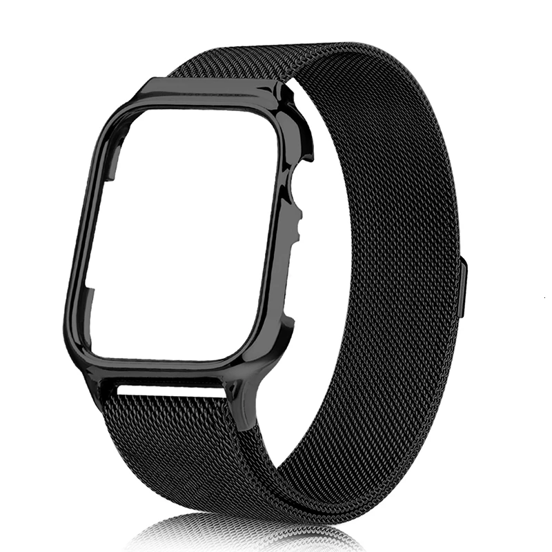 Black Чехол из поликарбоната с Миланской петлей для apple watch 44 мм, 40 мм, ремешок 44 мм, iwatch Series 5, 4, 3, 2, 1, 38 мм, 42 мм, металлический ремешок из нержавеющей стали - Цвет ремешка: Black