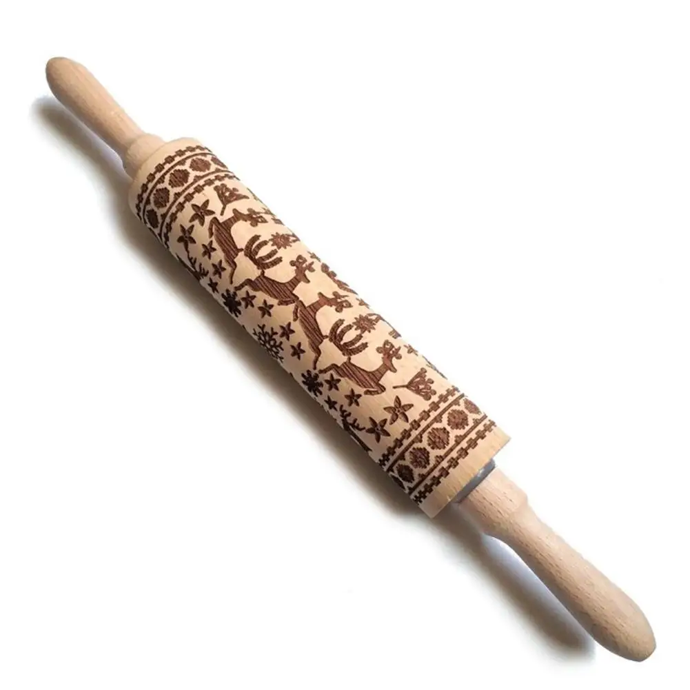 

35x5 Christmas Embossing Rolling Pin Baking Cookies Noodle Biscuit Fondant Cake Dough Engraved Roller Reindeer elk