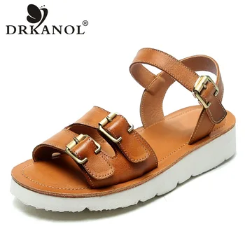 

DRKANOL 2020 Sandals Women Genuine Leather Summer Flat Sandals Female Buckle Strap Lightweight Peep Toe Women Gladiator Sandals