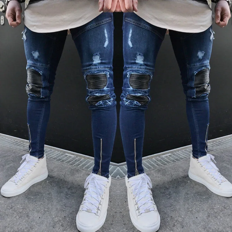 

Men clothes 2019 HIP HOP Style Ripped Hole Skinny Motorcycle Jeans Punk Denim Pants Zipper Designer Blue Ninth Pants Jeans Man