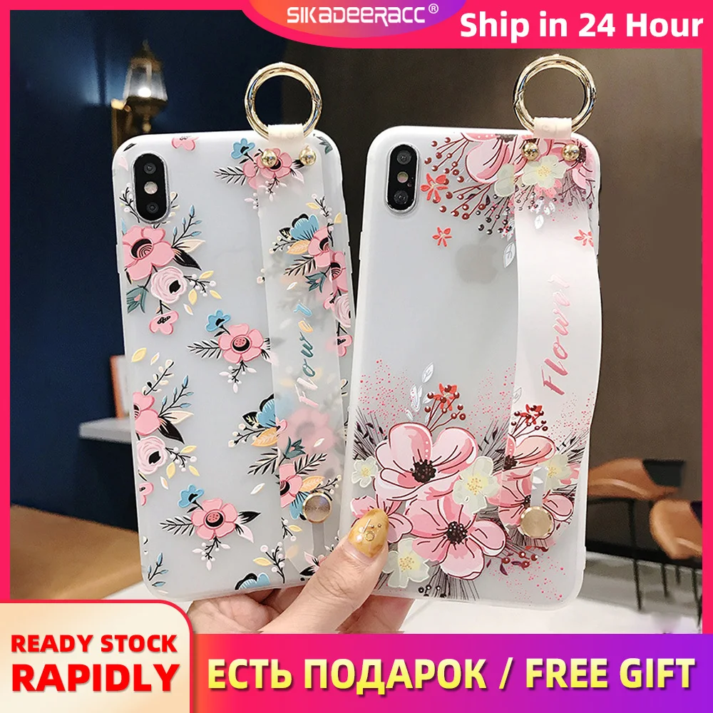 Flower Wrist Band Phone Cases For iPhone X XS 11 Pro Max XR 6 6s 7 8 Plus Soft TPU Shockproof Holder Fashion Cover Shell Stand | Мобильные