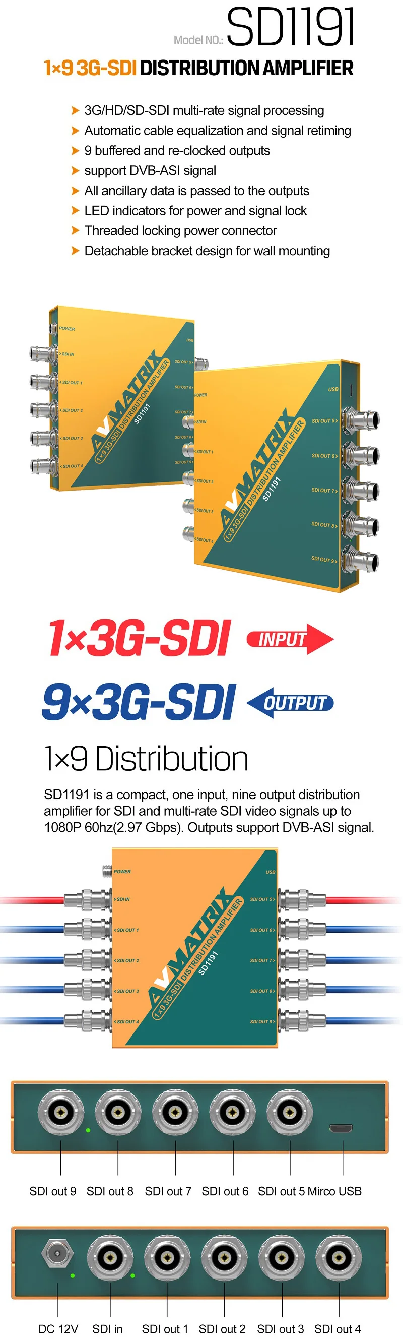 Avmatrix SD1191 SDI видео сплиттер 3g/HD/3G-SDI имеет 1 вход 9 выходной усилитель распределения поддержка 1080P для монитора проектора