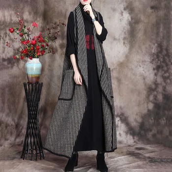 

2020 Autumn And Winter Long Women's Vest Retro Temperament Stripe Loose Large Size Thin Thicken Woolen Coat Outside