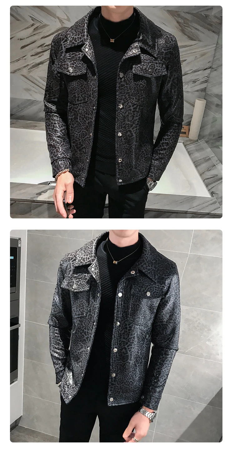 Jaqueta De Couro Masculina, осенняя мужская кожаная куртка с леопардовым принтом и карманами, кожаная одежда, Свободное пальто