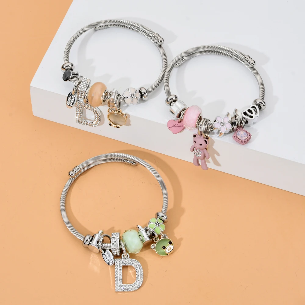 Стразы браслеты из нержавеющей стали с буквой D мультяшный медведь Шарм Кристалл