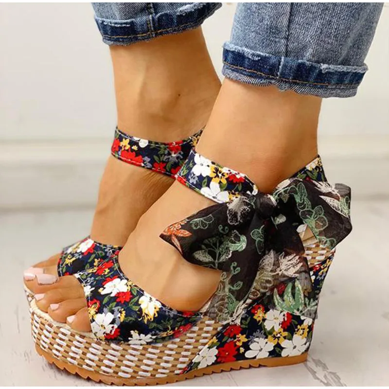 Women Platform High Heels Sandals Summer Beach Boho Floral Wedge Ankle Strap