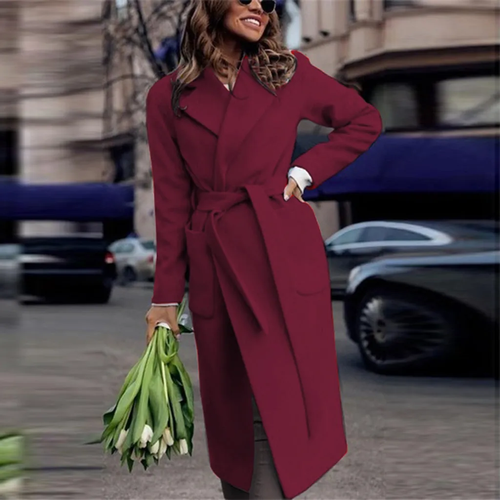Шерстяное Женское пальто 2019Top элегантные женские модные куртки с длинными рукавами однотонные повседневные свободные пальто с топы с ремешками