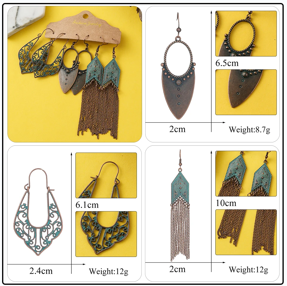 Bronze Silver Blue Ethnic Earrings Sets Jewelry Long Metal Tassel Hanging Dangling Earrings for Women (7)