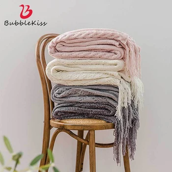 

Bubble Kiss Solid Color Tassel Design Blanket Cotton Home Sofa Throw Blanket Office Siesta Cover Blanket Soft Portable Blanket