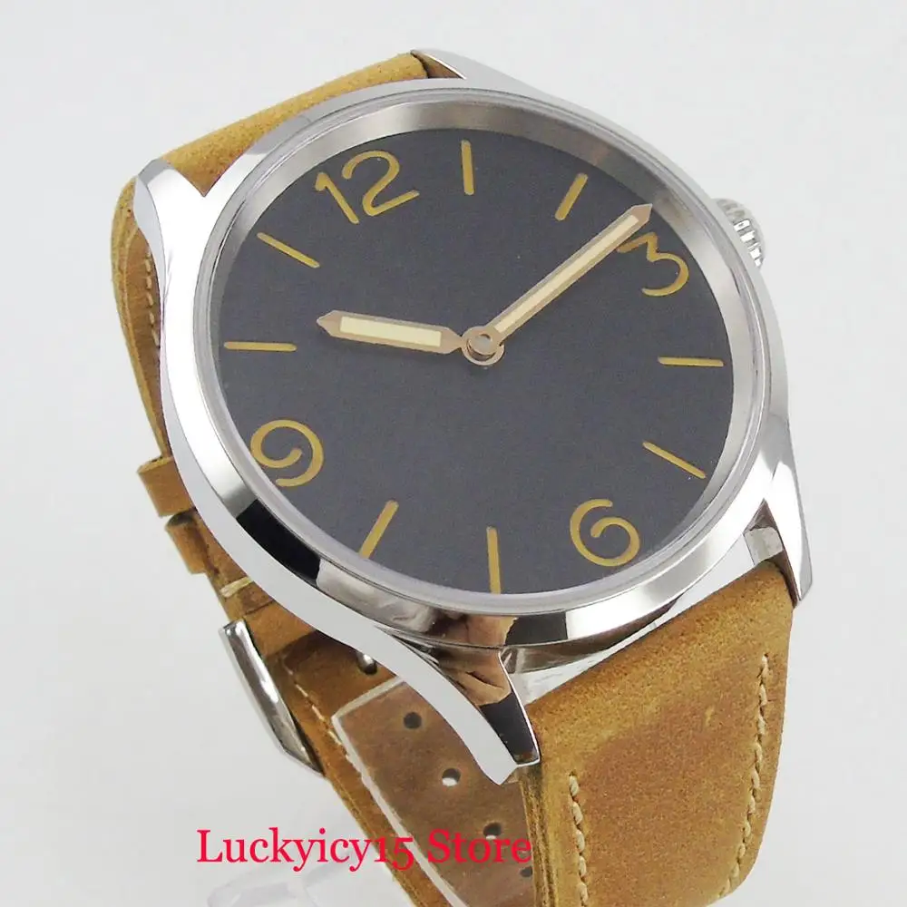 Nologo Big Mechanical Hand Winding Sapphire Glass Men's Watch 43mm Black Sandwich Dial Camel Strap