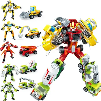 

City Engineering Building Blocks 2IN 1 Transformation 5 Trucks Into 1 Big Robot Deformation Mecha Model Education Toys for Boys