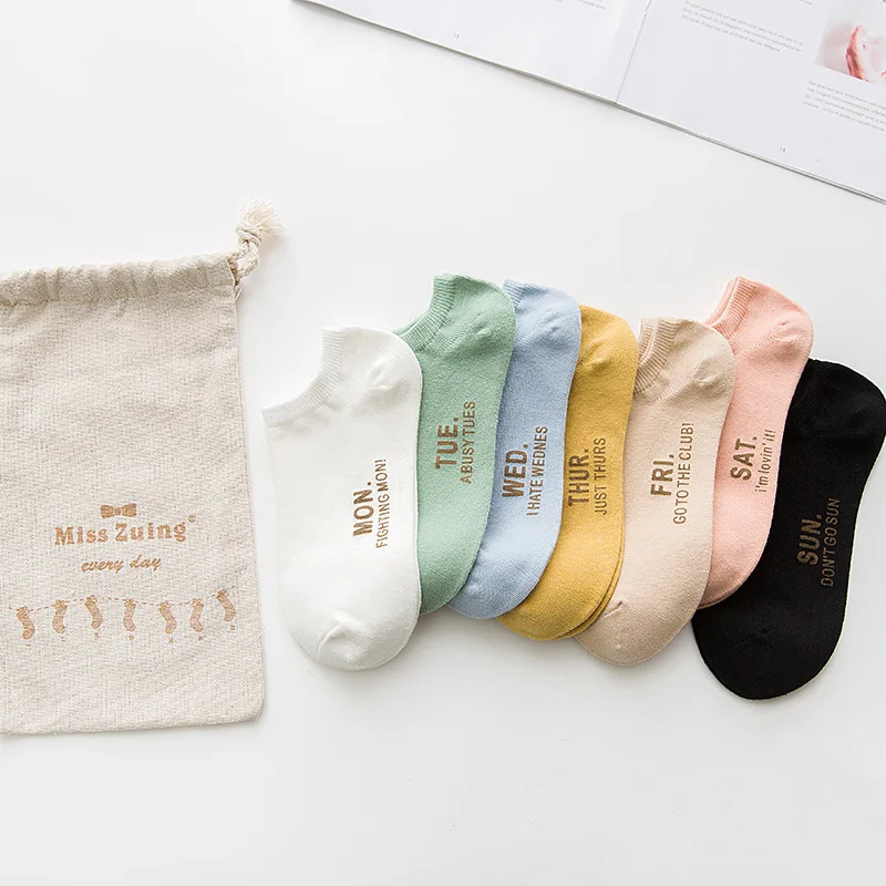 Moda Mulaya/мужские и женские смешные носки Харадзюку С буквенным принтом, пара унисекс, цветные недельные слова, милые корейские женские носки, ботильоны Kaos Kaki - Цвет: Women