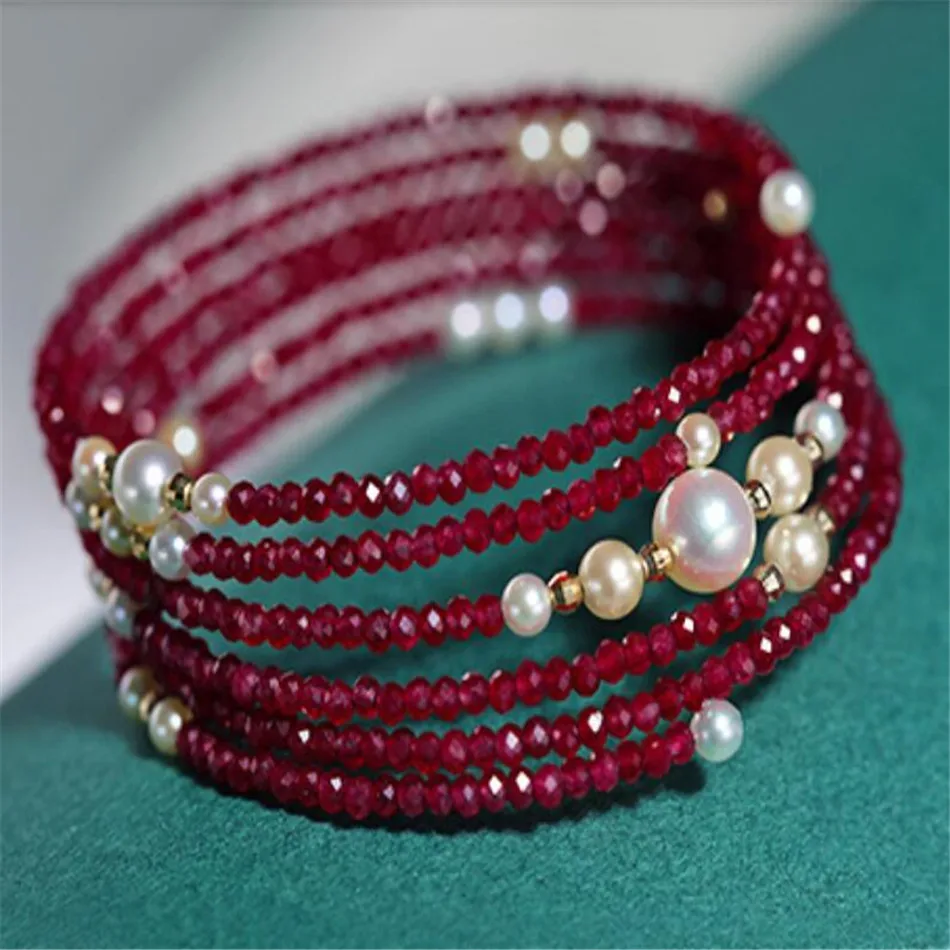 

Fashion Natural Red Spinel Pearl Gemstone Cuff Bracelet FOOL'S DAY CARNIVAL Lucky Accessories Cultured Wedding Christmas Women