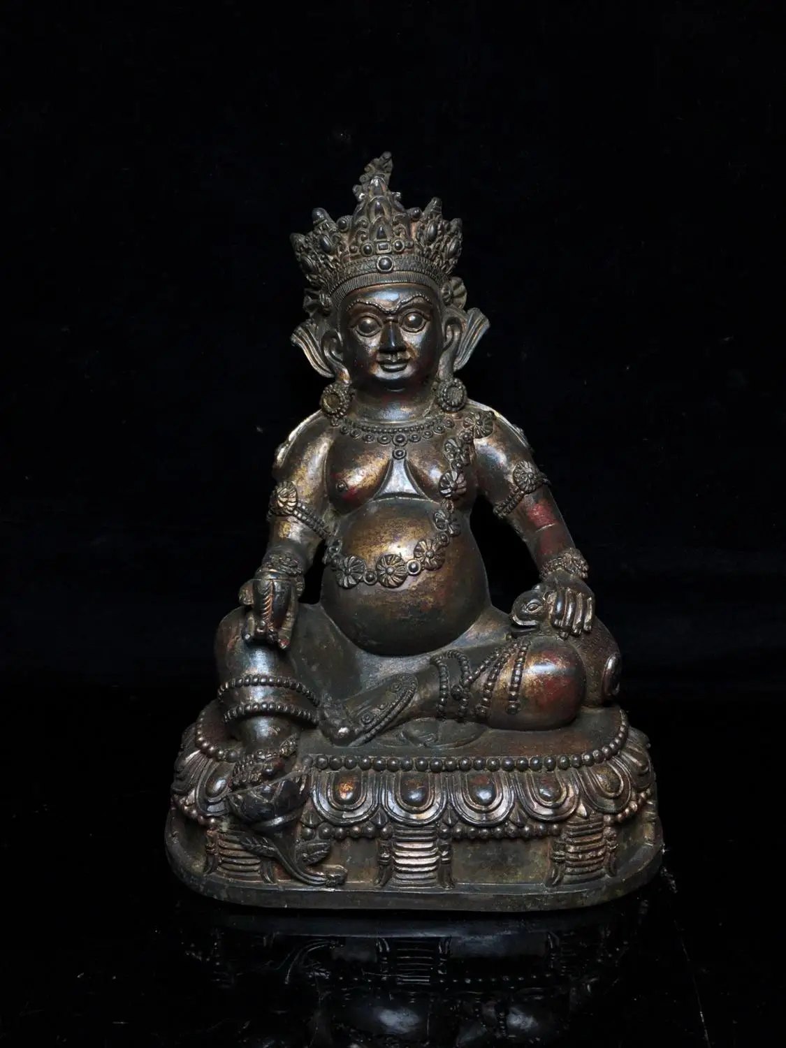 

10" Tibet Buddhism Old Bronze Cinnabars Yellow God of Wealth Buddha Statue The head of the gods of wealth Enshrine the Buddha