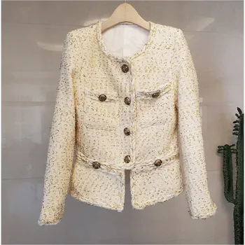 

High Quality 2019 New Autumn Winter Women's Elegant Slim Button Long Sleeve Tweed Woolen Coat&Jacket