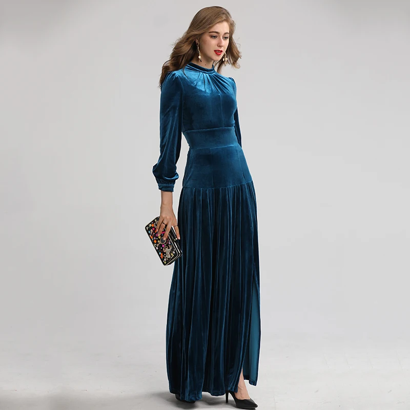 AELESEEN New Design High Quality Velvet Pleated Long Dresses Women European High Class Luxury Party Solid Maxi Dress