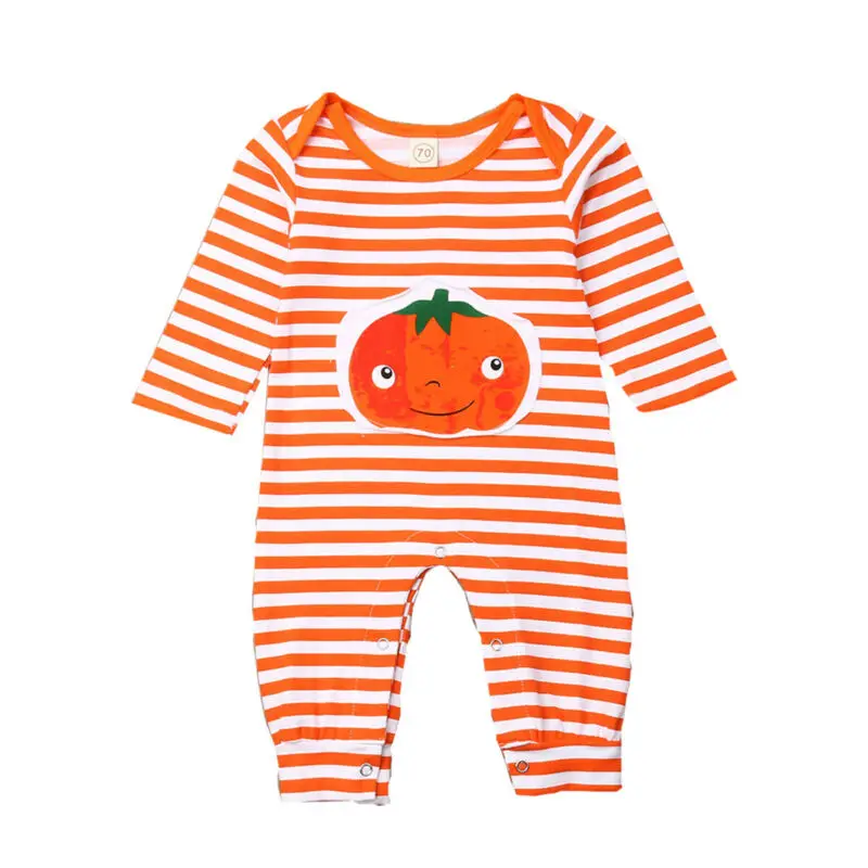 Cute Infant Newborn Baby Boy Girls Halloween Costumes Party Clothes Pumpkin Print Striped Long Sleeve Romper Overall Outfits