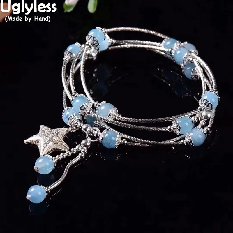 Uglyless натуральный Амазонит голубые драгоценные камни Браслеты Для женщин вставку внутрь эластичного ремешка 4-Слои регулируемый браслет 925 Silver Star ювелирные изделия BR310