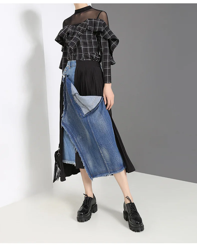 SuperAen Europe High-waist Denim Stitching Skirts Women Winter and Autumn New Ladies Skirts Irregular Solid Color Skirts