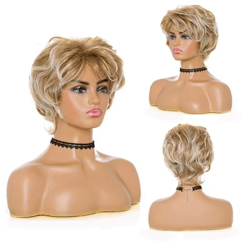 

GRES Short Natural Wave Wigs with Bangs Blonde Highlight Synthetic Wigs for White Women High Temperature Fiber Side Part Wig