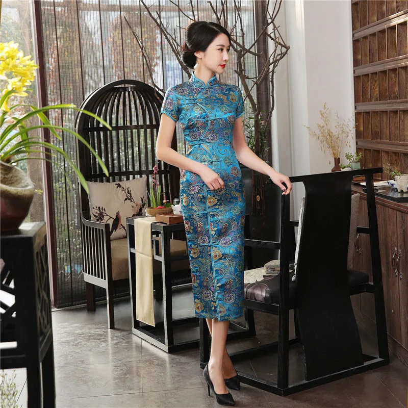 7 цветов традиционное китайское платье для женщин Ретро Мандарин Воротник Винтаж цветок элегантный сексуальный тонкий Cheongsam шелковый атлас Qipao - Цвет: Color 1