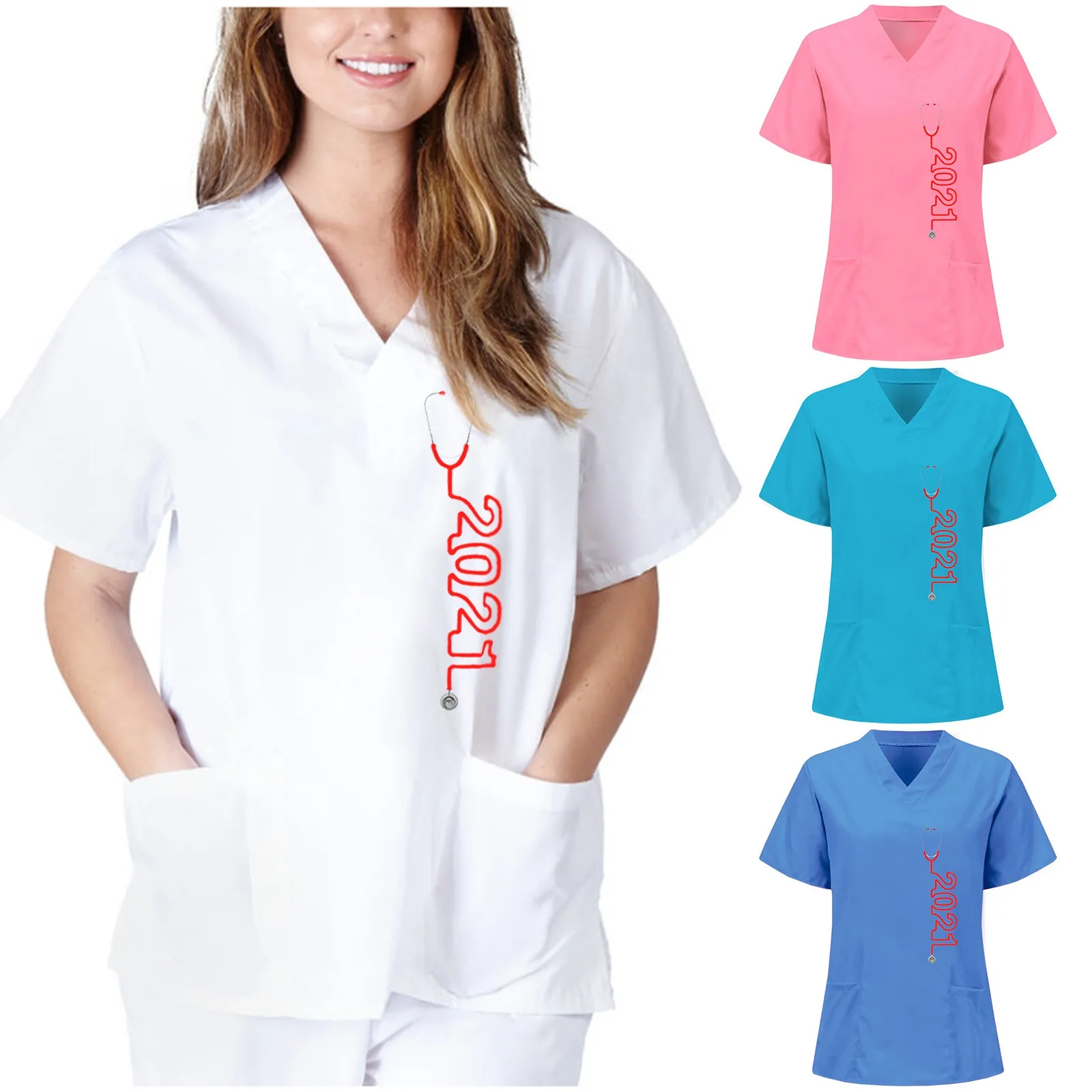 

2021 Women Solid Color Short Sleeve V-neck Tops Nursing Working Uniform T-shirts Blouse Nurse Overalls Scrubs Uniforms Shirt q5
