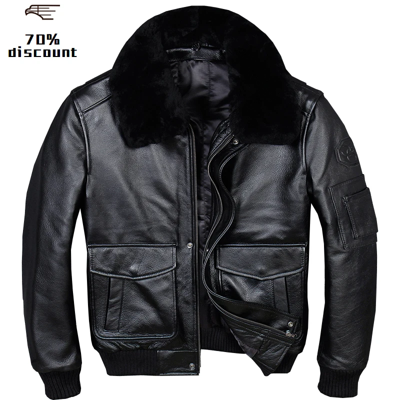 Мужская зимняя куртка пилот из натуральной воловьей кожи с шерстяным