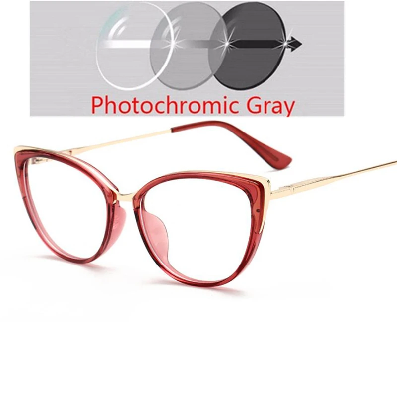 Anti-blue Light Cat Eye Prescription Spectacle Women Myopia Lens Photochromic Glasses Diopter 0 -0.5 -0.75 -1.0 -2.0 To -6.0 5